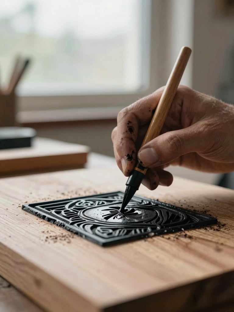 Close-up of ink-stained hands carefully carving a woodblock print, soft natural overcast daylight from a nearby window, textured wood grain visible.