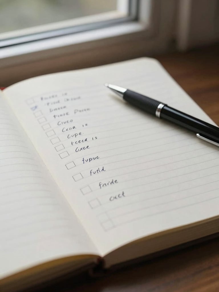 A close-up of an open notebook with clear, handwritten checklists and a pen resting on top, soft diffused window light, calm domestic scene.