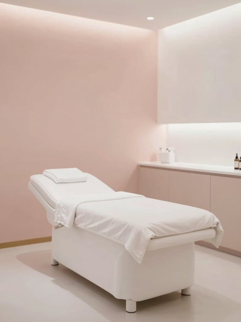 Serene interior space of a premium aesthetics clinic, minimalist design, warm diffused daylight, soft dusty rose details