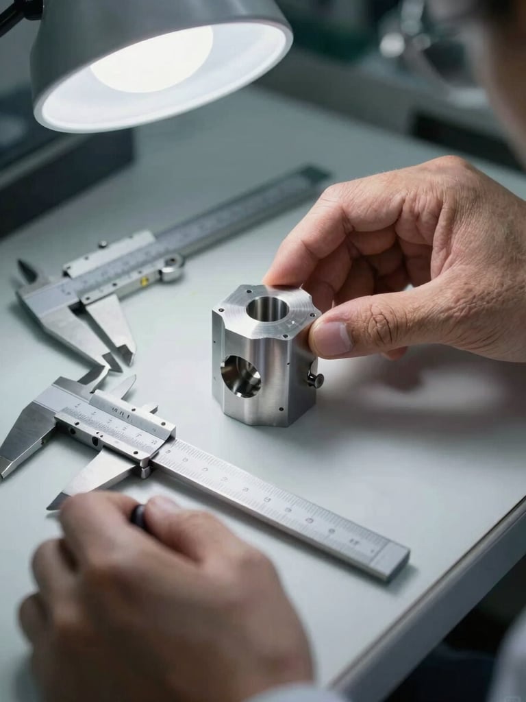 Extreme close-up of a quality inspector's hands examining a machined metal component on a lit inspection table, calipers and measurement tools arranged precisely beside it, bright overhead factory lighting revealing surface finish detail