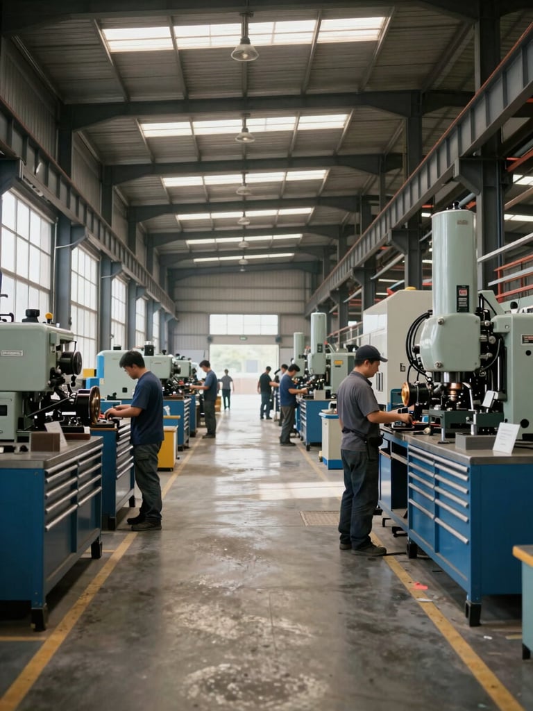 Wide factory floor shot from ground level, workers operating heavy industrial equipment under high warehouse windows, natural daylight streaming across steel machinery and tooling racks, organized production lines visible in mid-distance