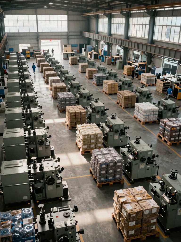 Wide factory floor viewed from elevated angle, rows of organized industrial equipment and bulk product pallets under high-window natural daylight, workers visible at stations in the distance, grid-like floor markings emphasizing systematic scale