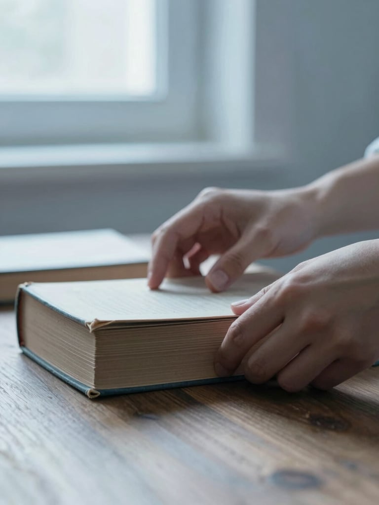 Hands gently sorting through vintage books on a wooden table, soft cool morning light, shallow depth of field, muted slate blue tones