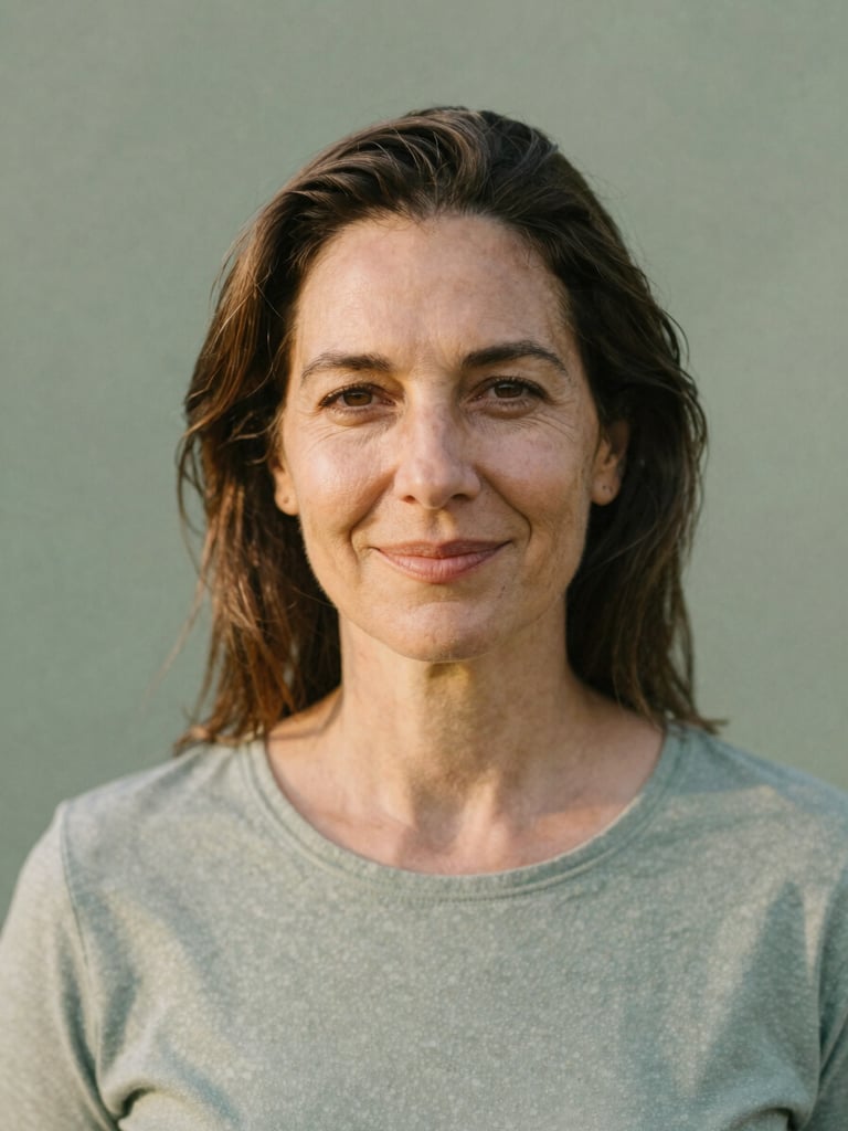 A warm, natural environmental portrait of Gaby, a mature woman over 40 with a serene, authentic smile. Soft diffused morning daylight, earthy sage green textures in the background, shallow depth of field.