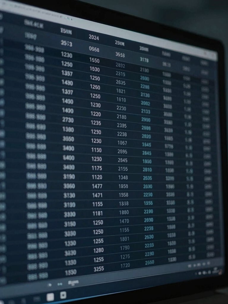 Close-up of structured data on a dark screen in a dimly lit corporate office, cool blue tones, deep shadows, sharp focus, 35mm