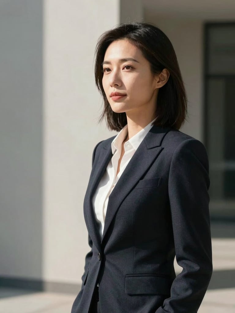 A natural daylight portrait of a female executive consultant, unposed and focused, clean architectural background with soft shadows, high contrast.