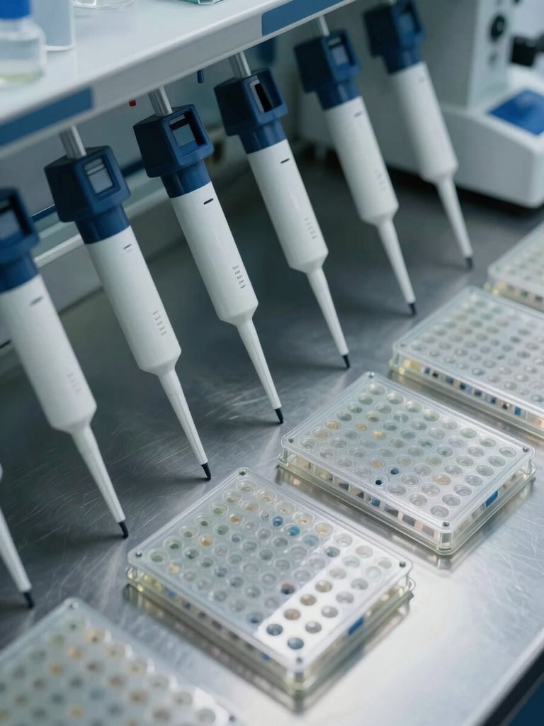Overhead close-up of a biotech lab bench, pipettes and microplates arranged in precise grid formation under cool studio strobe light, stainless steel surface, deep focus on instrument detail