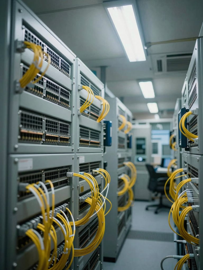 Wide environmental shot of a Hong Kong institutional financial data center, network patch panels and fiber bundles in tight overhead framing under cool white light, deep focus, no people