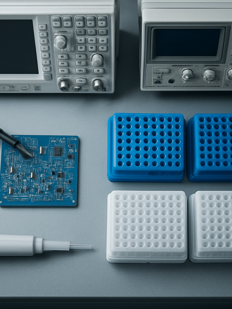 Extreme close-up overhead of a biotech laboratory bench in Hong Kong, circuit analysis equipment and pipette racks arranged in precise grid under cool studio strobe light, deep focus, no people