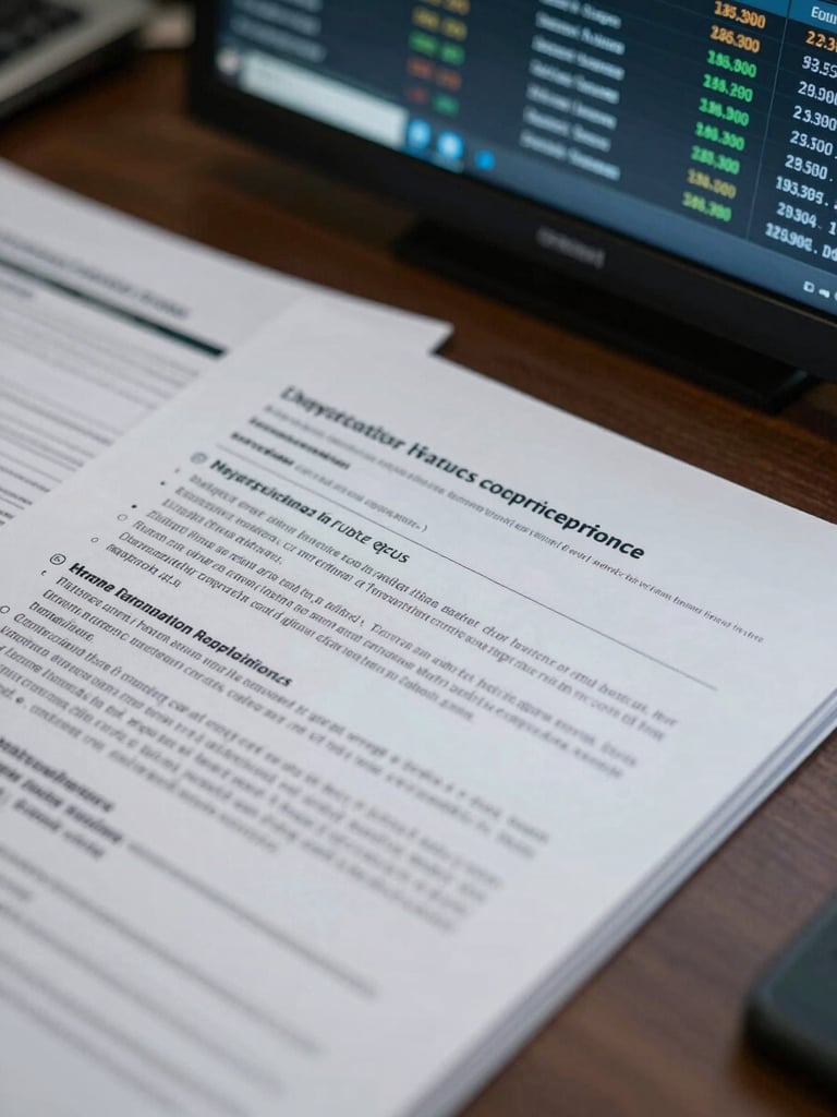 Extreme close-up of regulatory compliance documents and a financial dashboard on a desk in a Hong Kong institutional office, cool studio strobe lighting, overhead angle, deep focus on printed text and screen data, no people