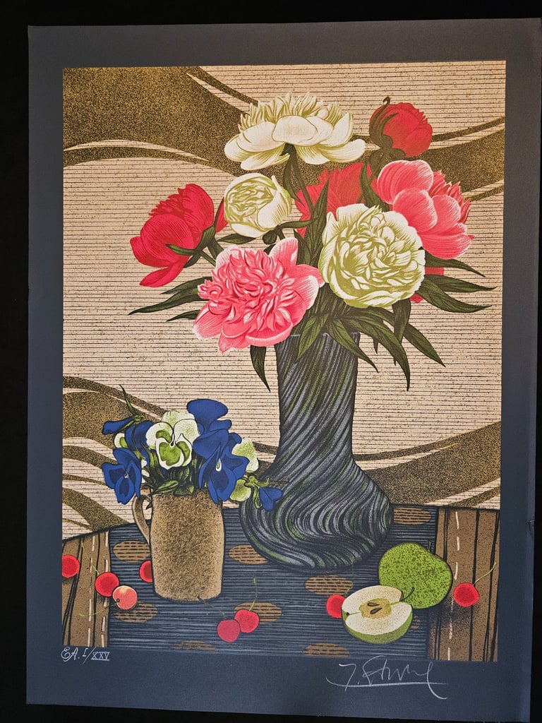 art deco vintage bouquet de pivoines aux cerises- Yves Ganne