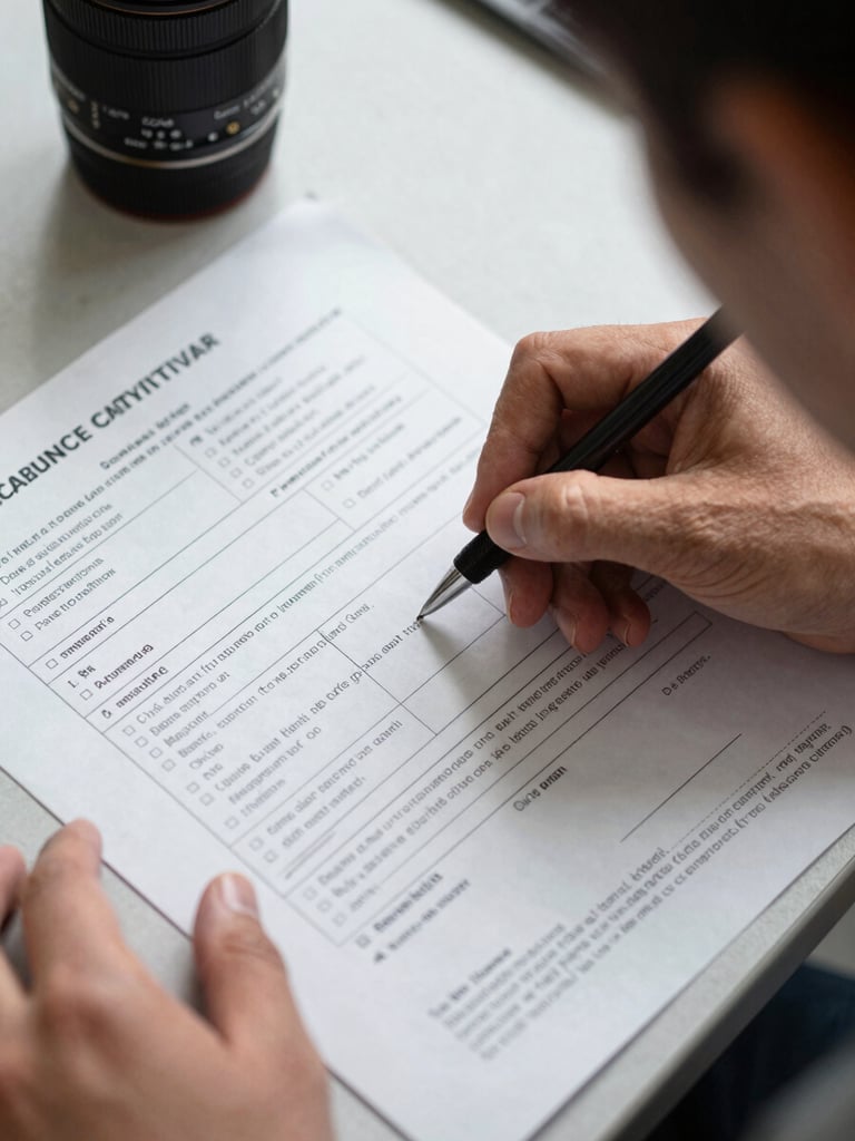 Close-up overhead view of a driver onboarding session, a regulatory checklist form and city permit documents spread across a table under studio lighting, a hand holding a pen reviewing line items, operational detail visible, documentary style