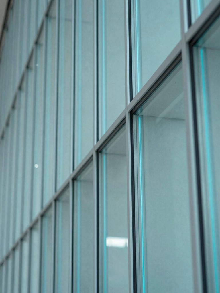 Macro detail shot of architectural glass edge refracting cyan light, subtle embedded electronics visible, crisp focus, architectural interior photography, 35mm.
