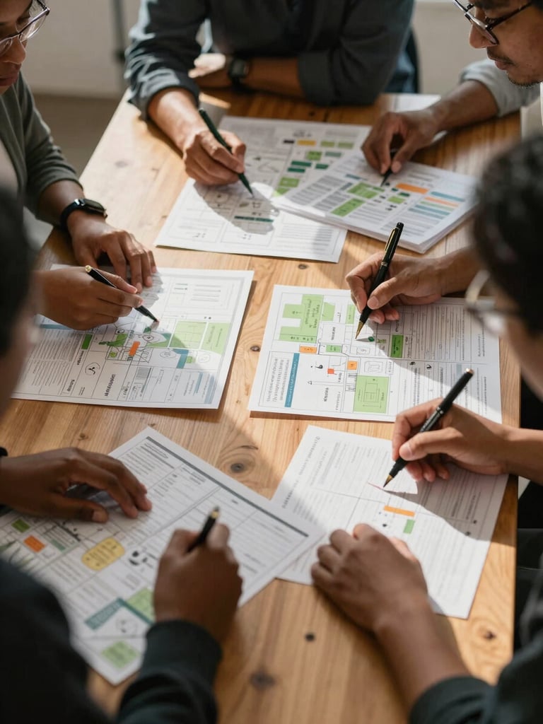 Warm natural light over a wooden table where diverse community organizers review physical program maps, unposed, collaborative atmosphere.