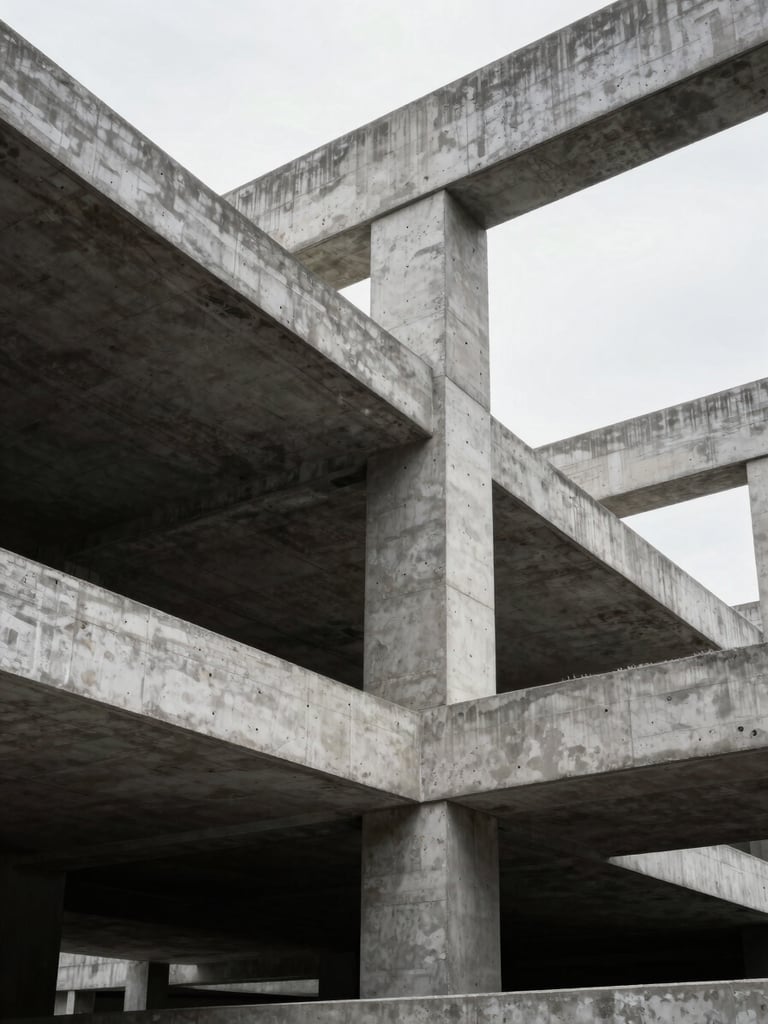 Stark, high-contrast architectural photograph of raw concrete foundations and structural steel beams under overcast daylight, sharp angles, scale-revealing perspective.