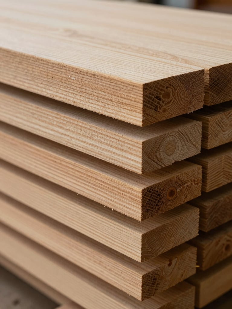Close-up of stacked solid wood boards in a workshop, natural overcast light from above showing grain patterns and end-grain texture, no tools visible, tight crop emphasising material variety