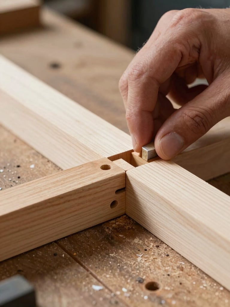 Tight crop of a hand-cut mortise-and-tenon joint being fitted together on a workbench, north-facing daylight, saw dust visible on the bench surface, no people beyond the hands