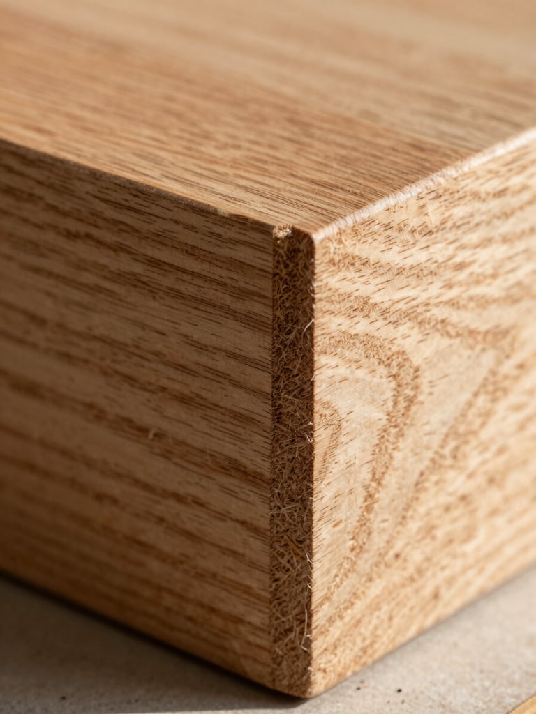 Extreme close-up, natural north-facing daylight, two pieces of solid oak meeting at a hand-cut mortise-and-tenon joint, grain lines running across the joint face, wood fibres visible at the shoulder, no finish applied yet, workshop bench surface faintly visible at the edge of frame