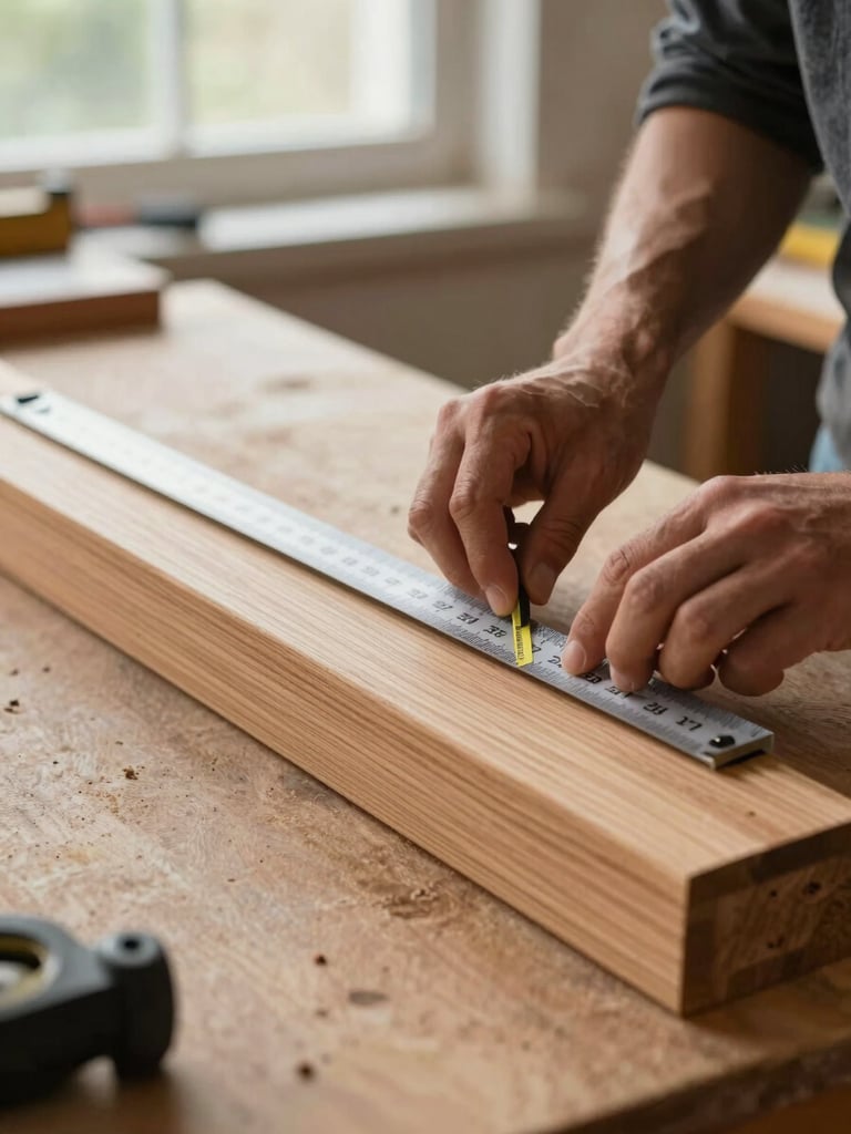 Close-up of a carpenter's hands measuring a wooden door frame with a steel rule on a workshop bench, natural diffused daylight from a north-facing window, grain of solid oak visible across the surface