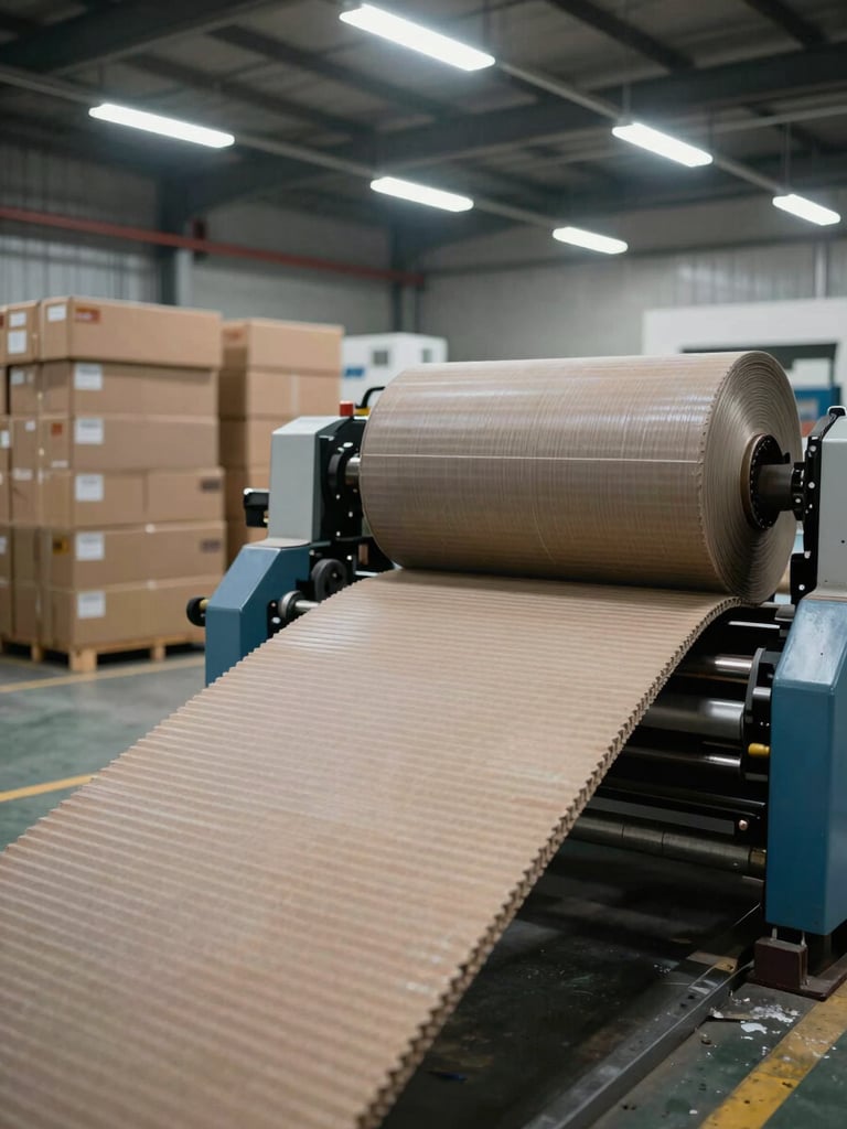 Wide production floor shot, high-bay factory lighting, rolls of corrugated board feeding into cutting machinery in the right foreground, stacked finished cartons visible in the background left, no people, industrial scale and order