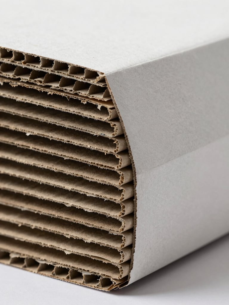 Extreme close-up of corrugated cardboard fluting cross-section and smooth outer liner under bright studio strobes, sharp material texture detail, neutral gray-white background, no people