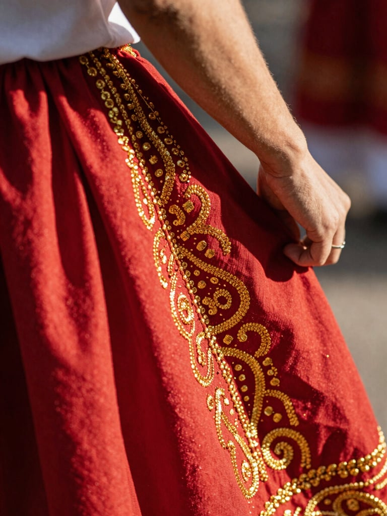 Close-up of hand-embroidered traditional Mexican folkloric dress details, intricate warm gold threads on deep crimson fabric, natural sunlight casting soft shadows