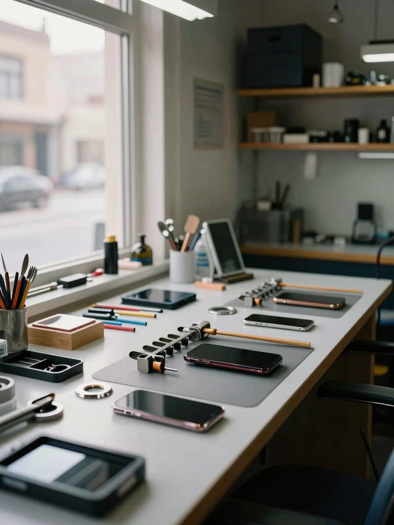 Wide interior shot of a tidy phone repair workshop, workbench with organized tools and spare parts, natural daylight from a side window illuminating the workspace, no people—just the craft environment