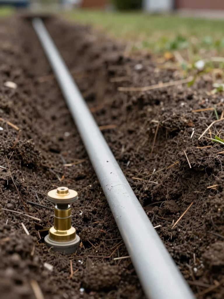 Ground-level view of irrigation line placement in a residential yard — PVC pipe running along a trench edge, a brass sprinkler head set flush with sod grade visible in the foreground, overcast daylight revealing soil texture and pipe depth precision