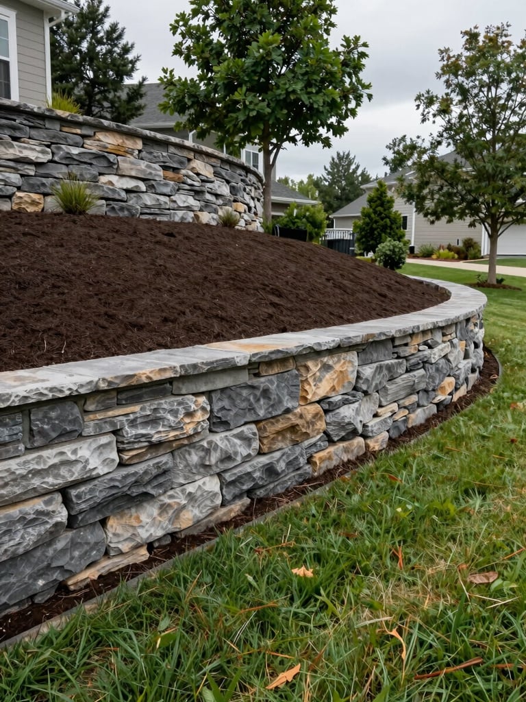 Wide environmental shot from ground level, a completed residential landscape installation — stacked-stone retaining wall curving across a graded slope, freshly laid sod extending from wall base across a broad lawn, overcast daylight revealing texture and shadow depth in the stone coursing, full property context visible with mature trees at property edge