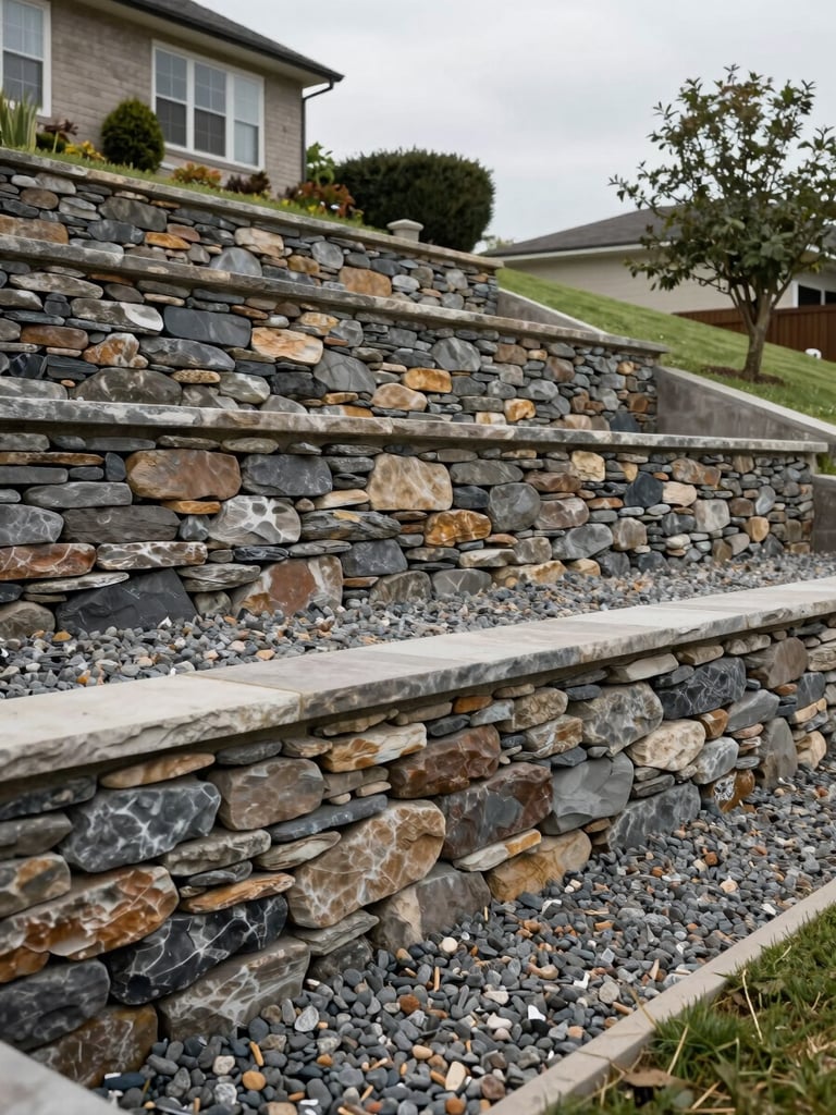Wide environmental shot of a completed multi-course retaining wall on a sloped residential property — dry-stack stone wall stepping the grade in two tiers, compacted gravel drainage layer visible at the wall base, property lawn level behind the wall in natural overcast light