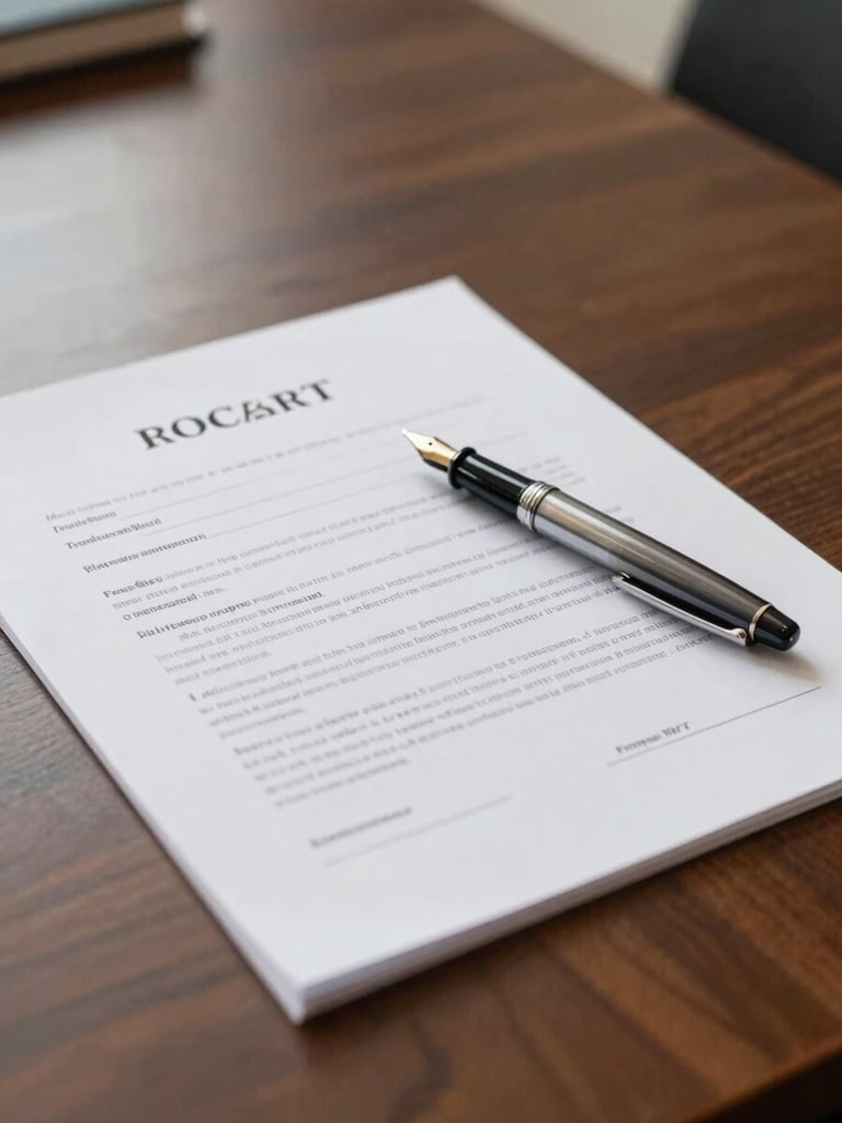 Close-up of a fountain pen resting on a clean legal property contract on a dark wooden corporate desk, warm side lighting, professional and sober