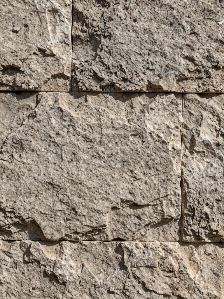 Extreme close-up of rough-hewn limestone wall surface, north-facing daylight raking across the grain, deep texture and natural grey-beige tones filling the entire frame, no shadow ambiguity, no people