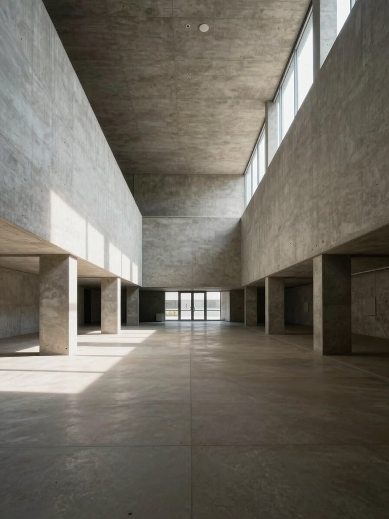 Wide interior view of a civic hall, north-facing daylight raking across raw concrete walls, empty floor plane receding to a far window, strong proportional geometry, no people, no furniture, documentary framing