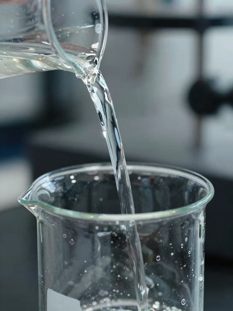 Macro photograph of clear chemical liquid pouring into a pristine glass beaker, cool industrial daylight, sharp technical focus