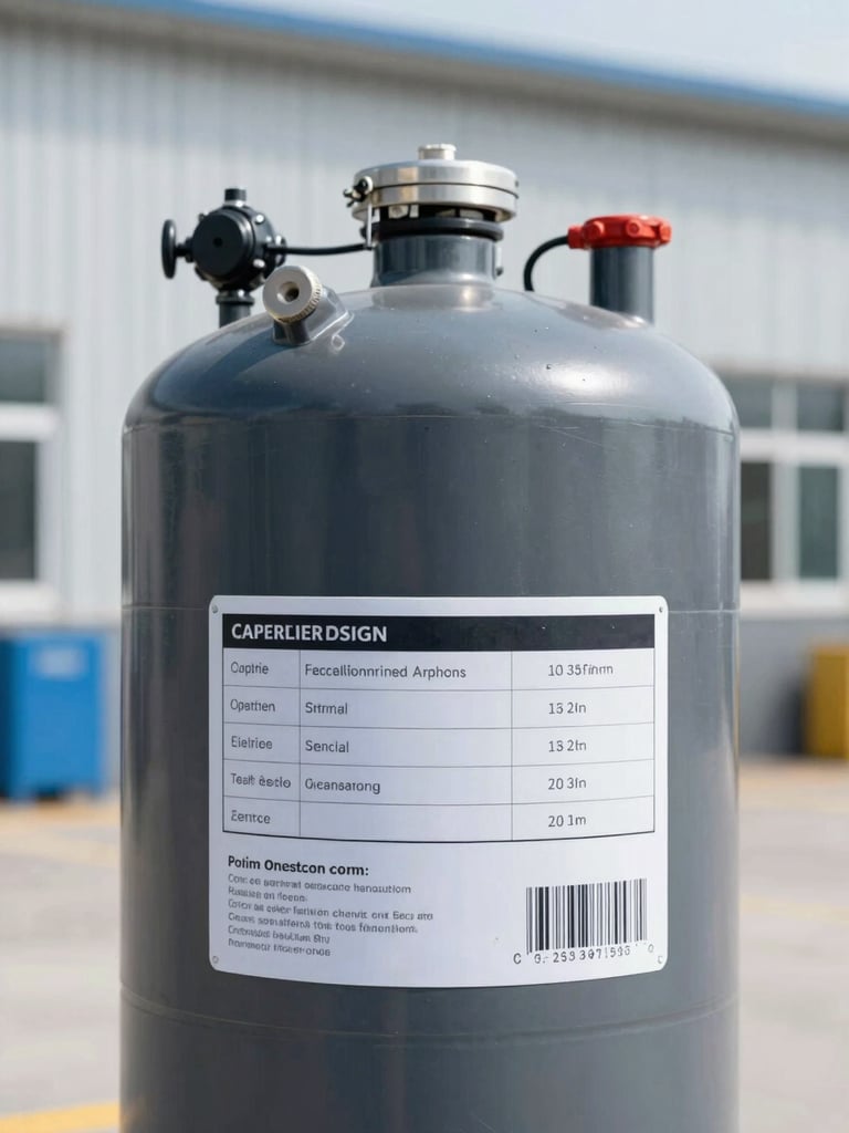Prismatic close-up of a sealed chemical container with technical industrial labeling, cool bright daylight, clean warehouse background