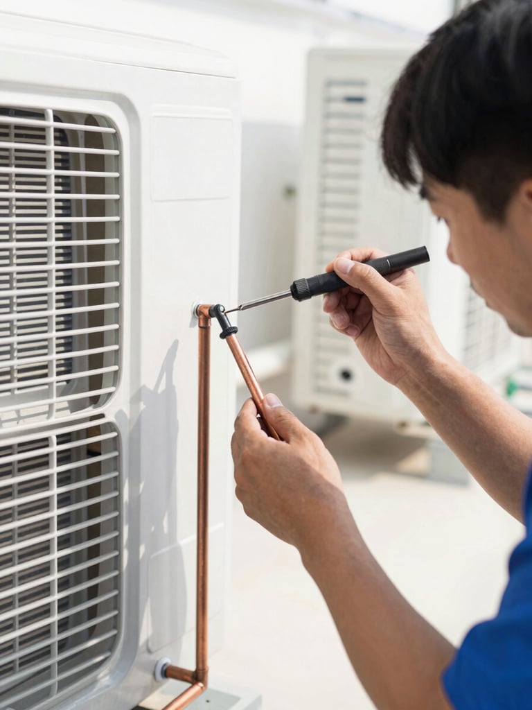 Close-up of a professional technician soldering copper pipes on an air conditioning installation, bright natural daylight, high-contrast industrial aesthetic.
