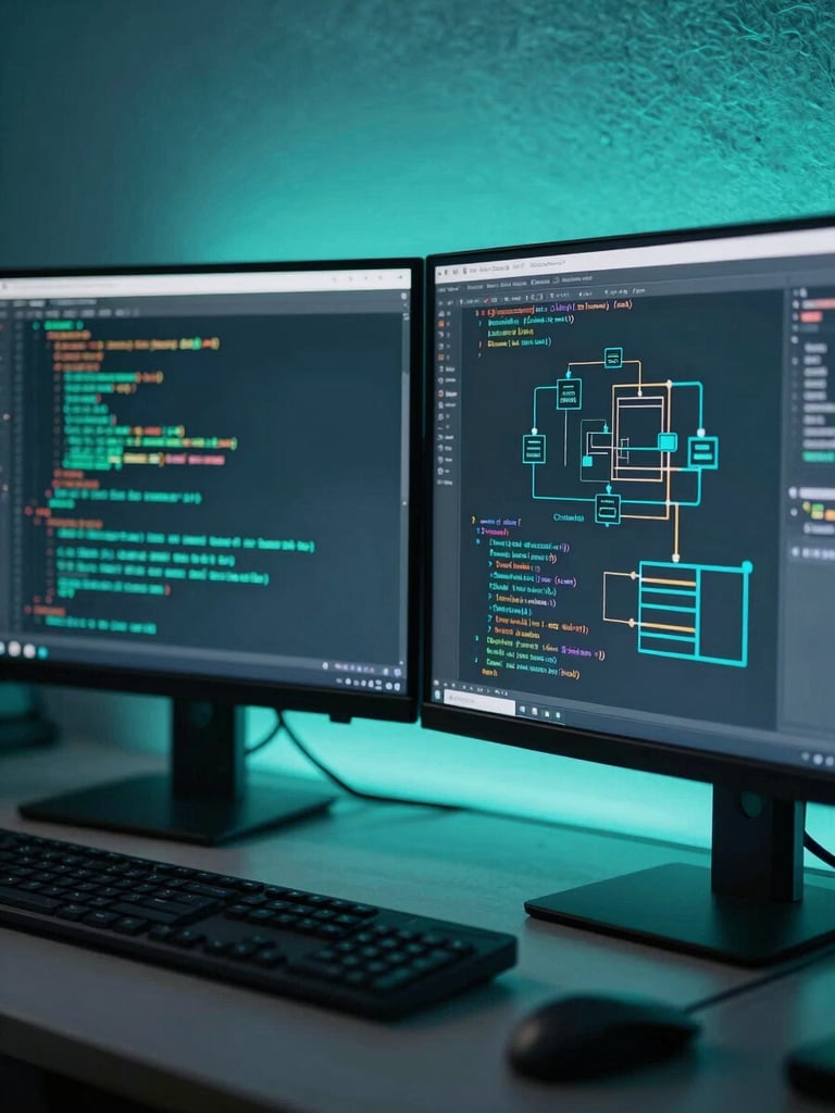 Close-up of a modern developer workspace with dual monitors showing architectural diagrams of system designs, cool neon-teal ambient glow, low-key lighting, 35mm