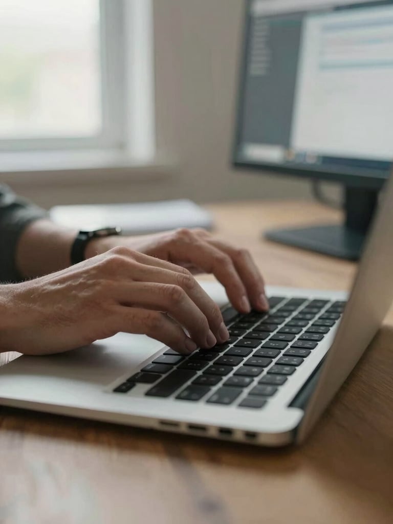 Close-up of a person's hands resting on a laptop keyboard at a clean desk, natural daylight from a window to the left illuminating the keys, a second monitor visible softly out of focus in the background showing a diagnostic interface, warm neutral tones
