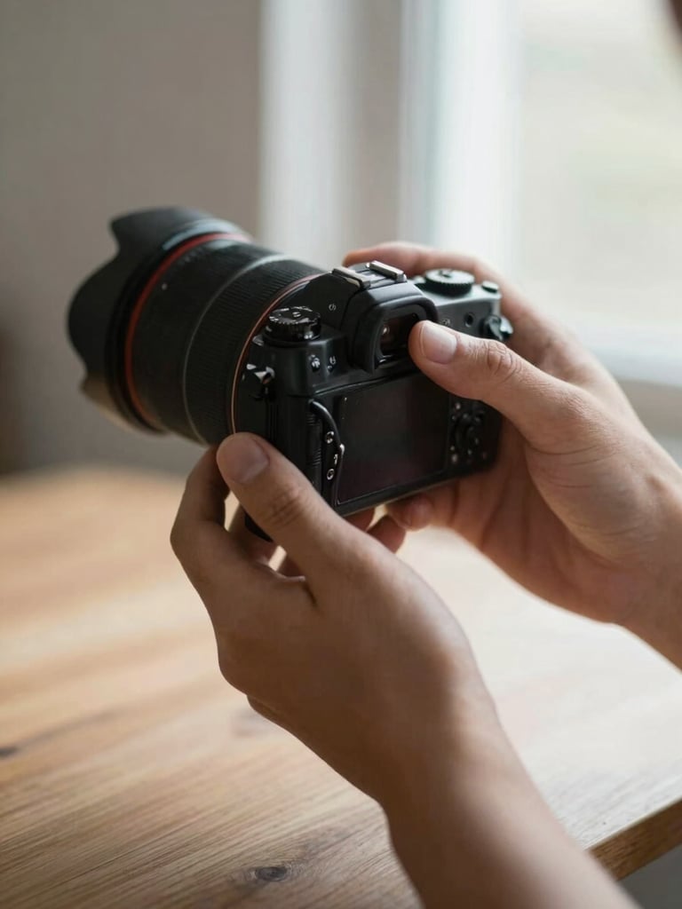 Close-up portrait frame, a photographer's hands gently adjusting a camera lens in soft diffused window light, warm neutral tones, shallow depth of field, wooden surface visible below