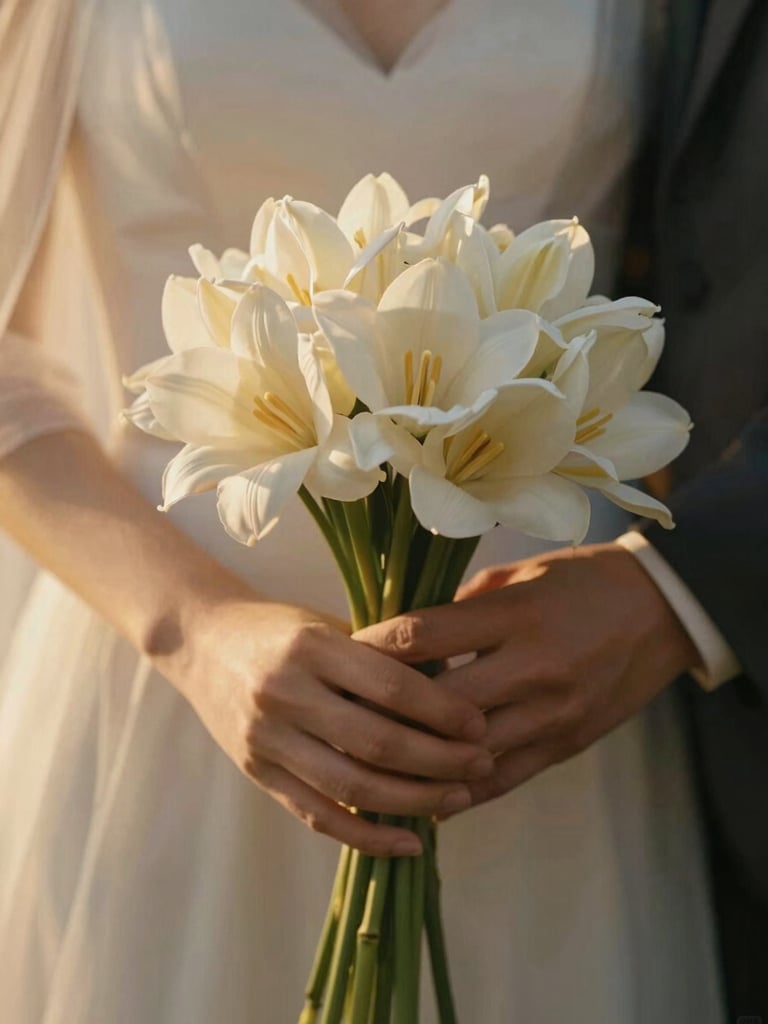 Close-up of intertwined hands holding a delicate bouquet of ivory flowers, soft golden afternoon light filtering through sheer fabric, warm tones, shallow depth of field, no faces visible