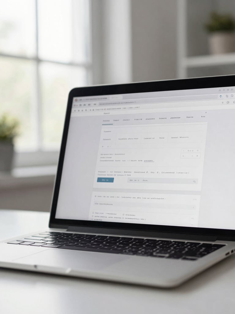 Close-up of a laptop screen displaying a website layout wireframe, natural north-facing daylight from a window to the left, clean white desk surface visible at the bottom edge, no people, sharp interface detail