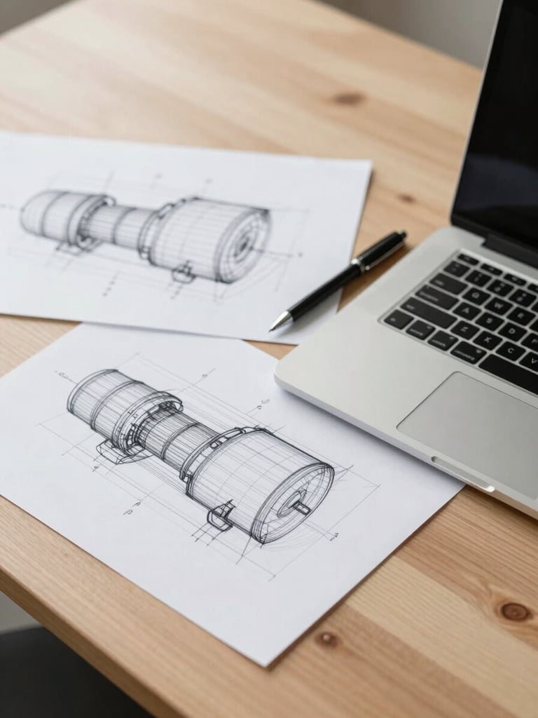 Wide overhead shot of sketched wireframes and a pen on a light wood desk, a laptop partially visible at the right edge, soft north-facing daylight, minimal shadows