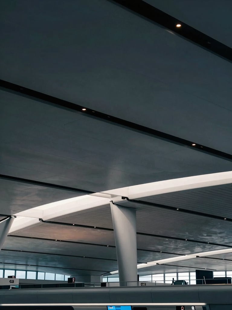 Minimalist architectural shot of a modern airport terminal ceiling with high-contrast dramatic lighting, cool terminal blues