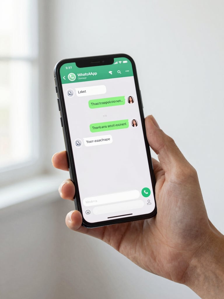Hands holding a phone showing an active WhatsApp conversation thread, automated replies visible mid-stream, clean white background, bright even daylight from a window to the left
