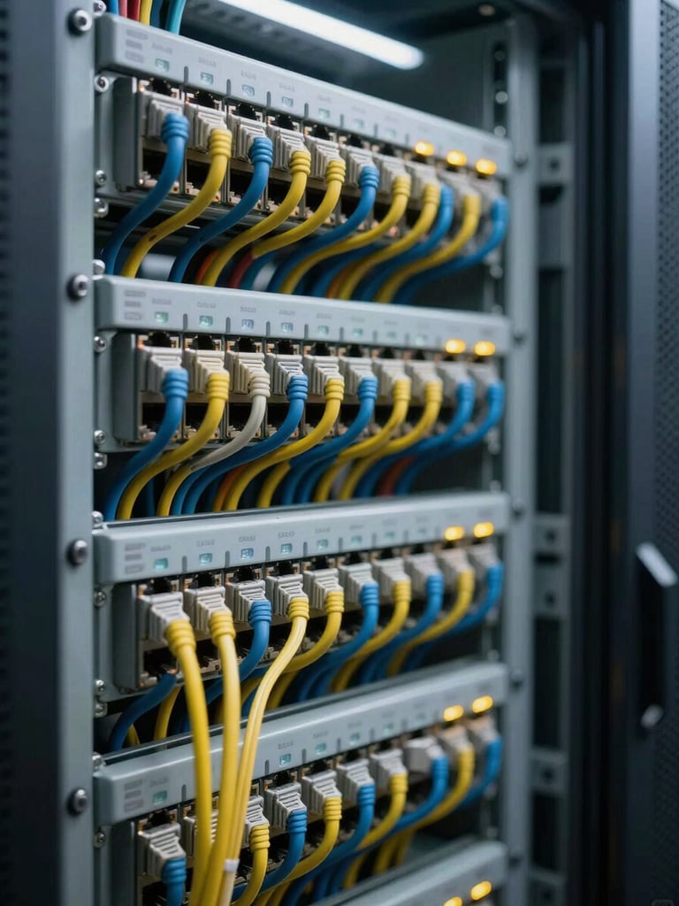 Close-up of a structured cabling panel in a server room, neat CAT6 patch cables organized by color into a dense patch panel under fluorescent institutional lighting, status LEDs visible on switch ports, precise technical order, no people