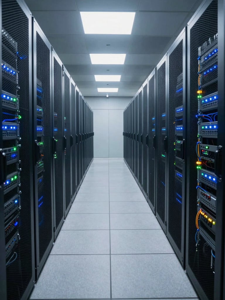 Wide environmental shot of an enterprise data center corridor, rows of server racks extending into the distance under cool LED overhead lighting, status indicator lights in blue and green, precise cable management visible along the rack sides, no people, institutional order