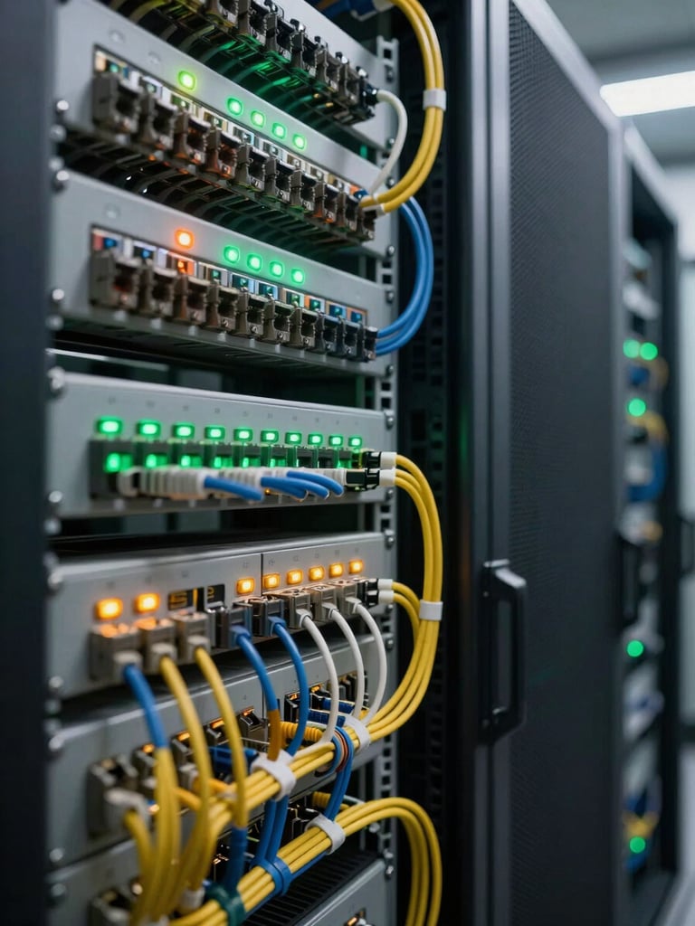 Close-up wide shot of a server rack patch panel in a working data center, dense cabling runs color-coded and organized with cable ties, status indicator lights glowing green and amber, cool fluorescent overhead lighting, shallow depth of field on the connectors, left-side framing with dark background to the right