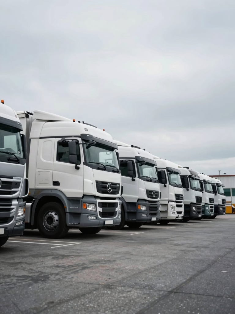 Wide environmental shot from low angle, a column of heavy freight trucks parked in formation at a large logistics hub, overcast Northern European daylight, muted grey sky, asphalt forecourt stretching to the horizon, no human figures visible, vehicle branding and cargo securing details sharp in foreground