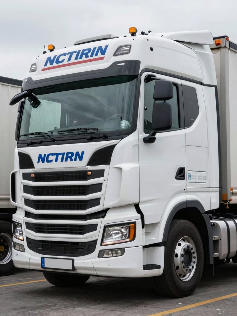 Close-up environmental shot of a heavy truck cab exterior at a Northern European freight terminal, overcast daylight, focus on the vehicle's front grille and cab detail showing operational condition and professional livery, no human figures, concrete dock infrastructure visible in the background