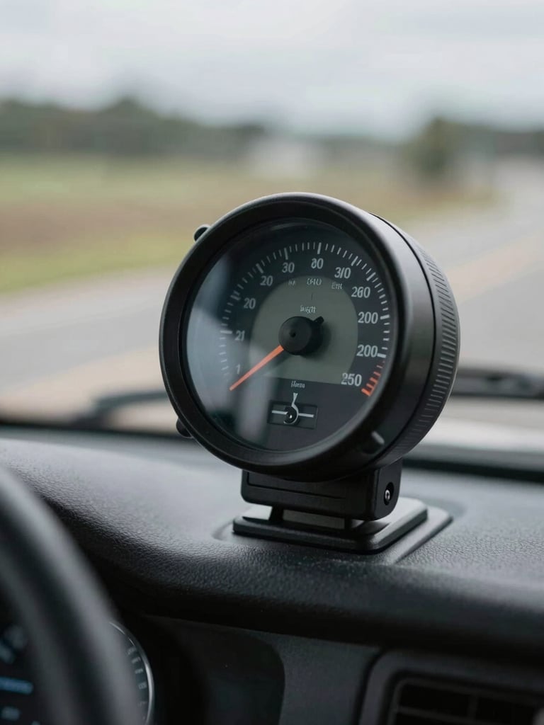 Close-up detail of a digital tachograph unit mounted in a truck cab dashboard, overcast Northern European ambient light through windscreen, no driver visible, instrument precision and operational readiness communicated through framing